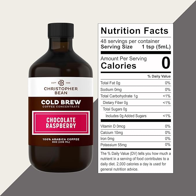 Christopher Bean Hand Crafted Chocolate Raspberry Flavored Coffee - Certified Kosher - Unsweetened Cold Brew & Iced Instant Coffee Distillate Liquid Java - Extract 100% Arabica, (8-Ounce), 236 ml