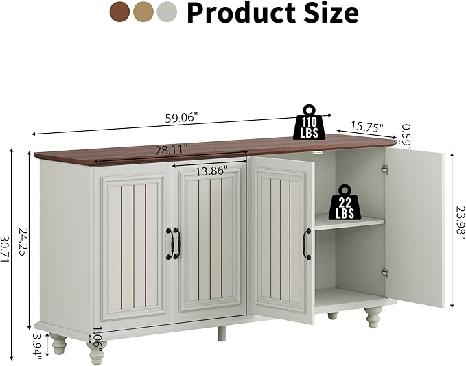59" Sideboard Buffet Cabinet with Storage, Large Retro Credenza with 4 Doors & Adjustable Shelves Wood Rectangular Coffee Bar Table Console for Kitchen, Living Room, Hallway, Entry (Beige)