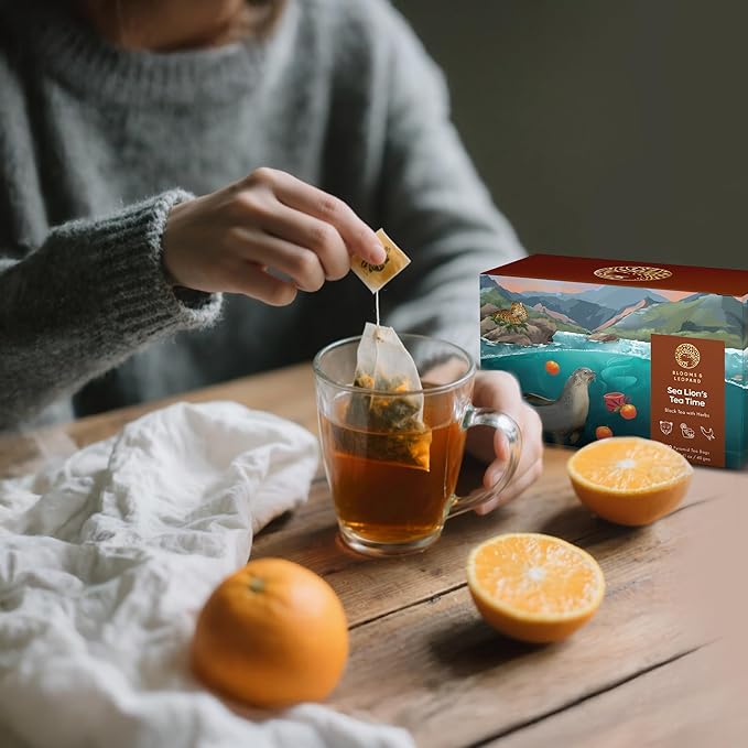 Blooms & Leopard Premium Black Tea Bags – Sea Lion's Tea Time Blend with Cardamom, Clove, Cinnamon, Ginger, and Black Pepper – 20 Individually Wrapped Bags, Hot or Iced Tea
