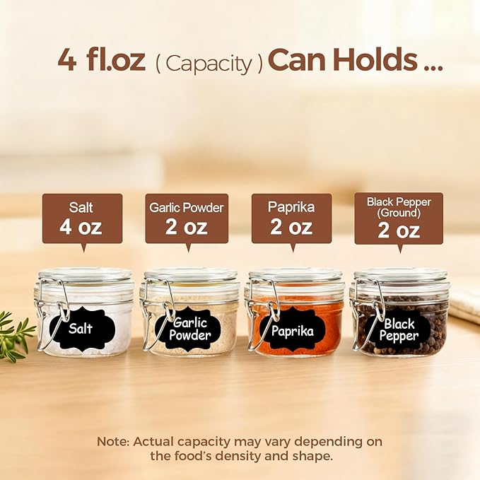ComSaf 4oz Small Airtight Glass Jars Set of 6 with Lids Food Storage Jar Round, Mason Jar, Mini Storage Container with Clear Preserving Seal Wire Clip Fastening for Kitchen Canning, Jam, Spice, Honey
