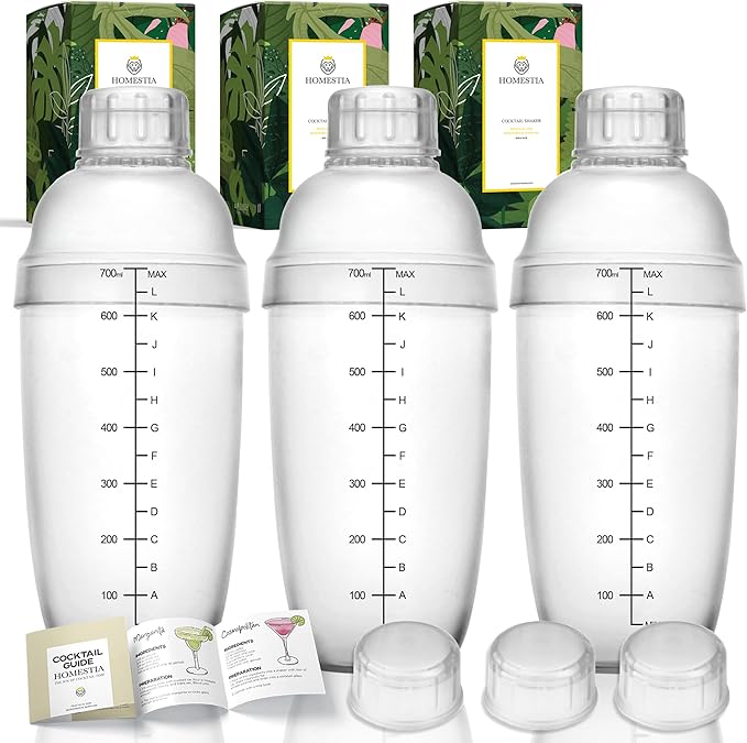 Homestia 3 Pack Plastic Cocktail Shaker with Extra 3 Caps, 700cc / 24 oz Clear Boba Tea Cup Matcha for Milk Wine Coffee Mixing, Bar Tool Hand Drink Mixer w/Scales and Strainer Top Clear Shaker Cup
