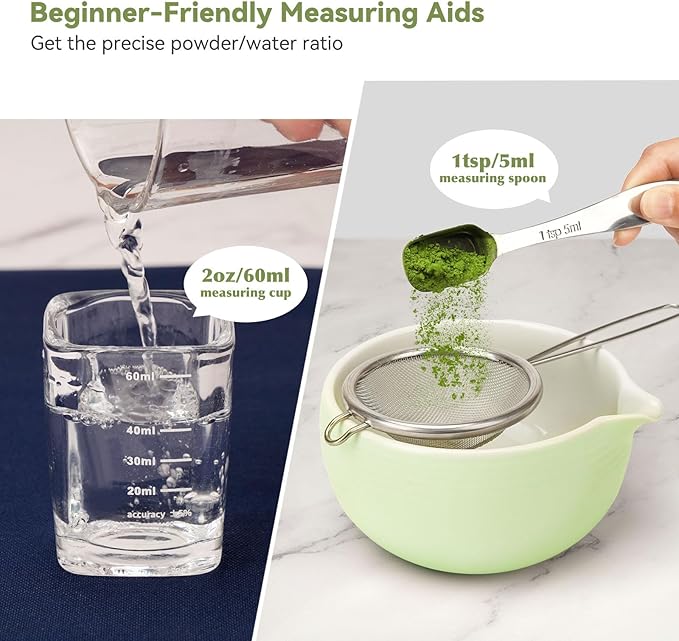 Matcha Whisk Set, Matcha Kit 10-Pcs, Bamboo Whisk and Ceramic Bowl with Spout & Measuring Spoon & Cup, Japanese Ceremony Matcha Tea Making Tools