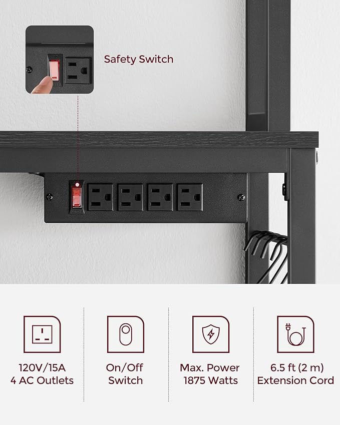 VASAGLE Bakers Rack with Power Outlet, Microwave Stand, Kitchen Tall Utility Storage Shelf, with Metal Wire Panel, 14 Hooks, 15.7 x 31.5 x 66.9 Inches, Charcoal Gray and Ink Black UKKS025B22