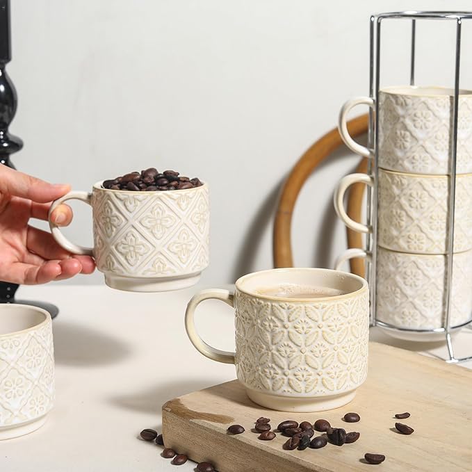 6 Oz Coffee Cups with Stand, Stackable Espresso Cups Set of 4, Ceramic Cappuccino Cup, Embossed Coffee Mugs for Latte, Cocoa, Mocha, Tea, Housewarming Wedding Present, Dishwasher Safe
