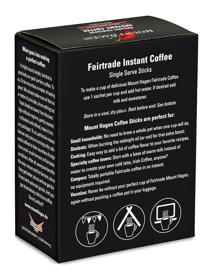 Mount Hagen 25 Count Single Serve Instant Coffee Packets - 4 Pack | Organic Medium Roast Arabica Beans | Eco-friendly, Fair-Trade [4 x 25 sticks/1.76oz/50g]