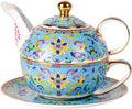 Tea for One, Porcelain Teapot and Cup Set, Vintage Tea Pot and Saucers Set, Ceramic Tea Set for Tea Party, Office and Home, Lake Blue Tea Cups and Saucer Set for Coffee, Cappuccino, Tea
