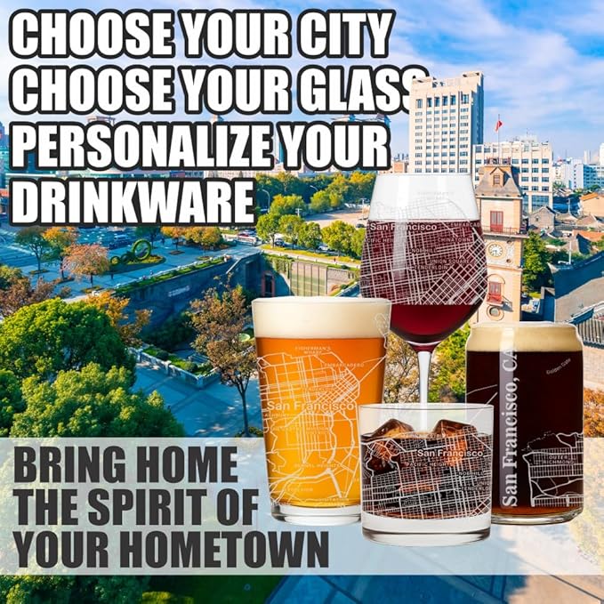 Blue Ridge Mountain Gifts - San Francisco Souvenir - California Glassware Gift, Etched City Map, Laser Engraved and Dishwasher Safe