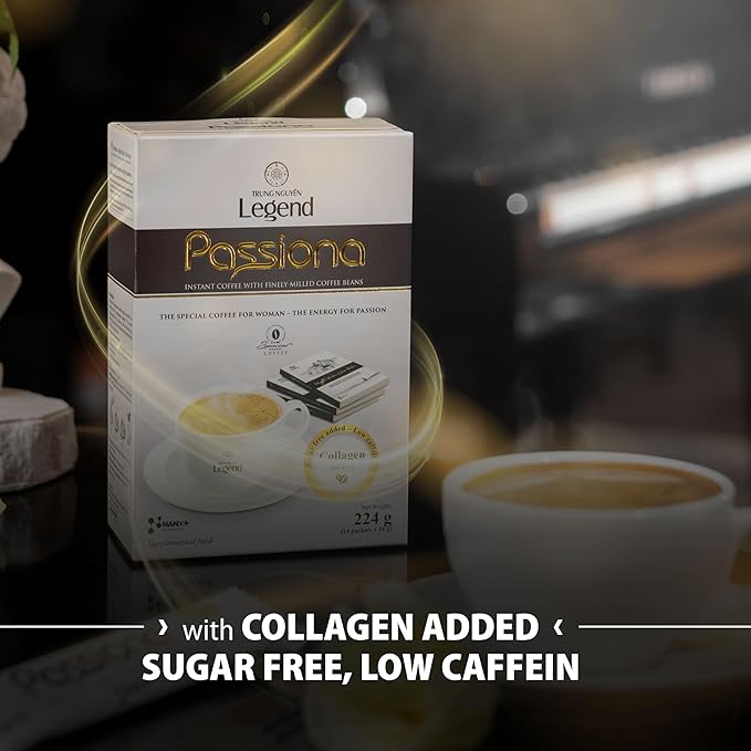 TRUNG NGUYEN LEGEND PASSIONA Premium Instant Coffee for Energy Boost by NANO+ Technology - Collagen Added, Low Caffein & Diet Sugar - Fresh and Flavourful Vietnamese Instant Coffee (14 Sticks/Box)