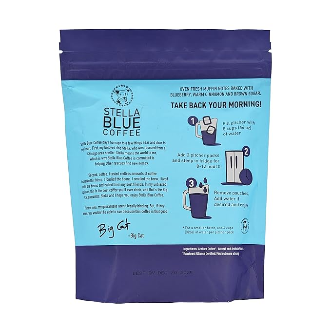 Stella Blue Cold Brew Coffee Bags, Blueberry Muffin, Medium Roast Ground Coffee, Smooth, Bold and Refreshing 100% Arabica, 6 Brew Packets, Makes 24 Cups, Rainforest Alliance Certified