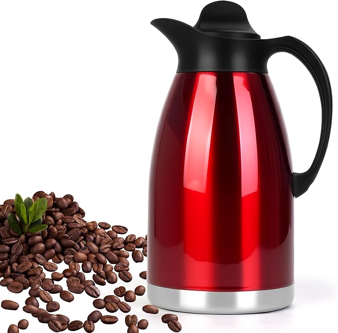 ShineMe 68Oz(2L) Coffee Carafes for Keeping Hot, Double Walled Vacuum Stainless Steel Coffee Urn, Insulated Hot Water & Coffee Dispenser with Airtight Lid, 12H Heat/24H Cold Retention, Red Color