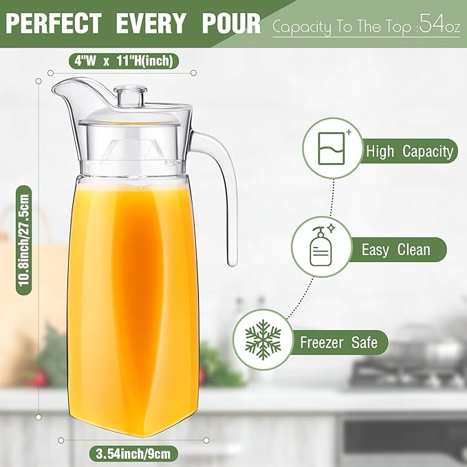 4 Pcs Acrylic Water Pitcher with Lid, Spout Handle Clear Plastic Pitcher Heat Resistant Carafe Unbreakable Beverage Container Fridge Jug for Juice Ice Tea Sangria Lemonade(54 oz,Diamond)