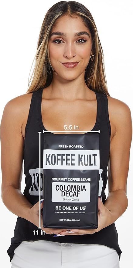 Koffee Kult Colombia Ground Decaf Coffee Decaffeinated Medium Roast 100% Arabica Naturally Swiss Water Process Chemical Free Espresso (Ground, 32oz)