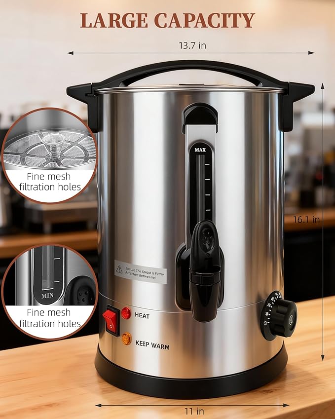 Commercial Coffee Urn, 100 Cup Coffee Maker and Hot Water Urn, 1500W Fast-Brewing Percolator for Business, Parties, Catering, and Large Gatherings (100 Cups)