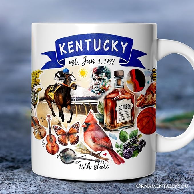 OrnamentallyYou State Travel Landmark Mugs – 12 oz Ceramic Coffee Cups, U.S. Souvenir Gift for Tourists (Artistic Kentucky State Themes and Landmarks Mug)