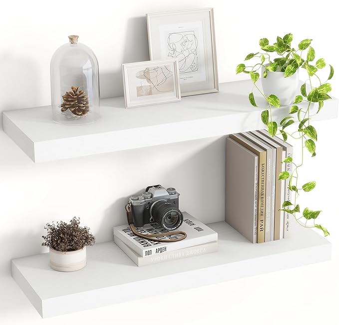 24 Inch Floating Shelves, 8 Inch Deep Floating Shelves for Wall, Hanging Shelf with Invisible Brackets, Deep Shelves for Bathroom, Bedroom, Living Room, White, Set of 2