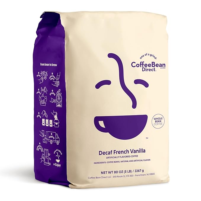 Coffee Bean Direct Decaf French Vanilla Flavored, Whole Bean Coffee, 5 Pound Bag (Pack of 1)