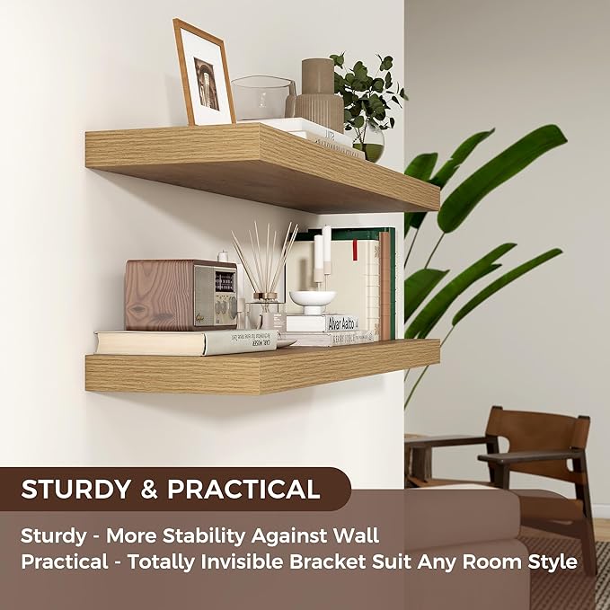 Floating Shelves for Wall, Engineered Wood Wall Shelves with Invisible Brackets for Living Room Bedroom Bathroom Office Kitchen Decor and Storage (Oak, 36" W x 9" D x 1.5" H) Set of 2