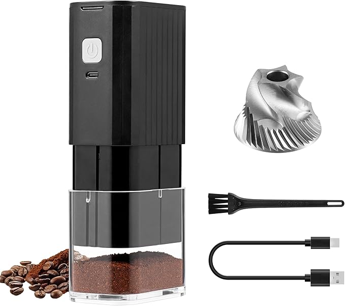 VEVOK CHEF Portable Mini Electric Coffee Grinder,Adjustable Stainless Steel Burr Coffee Bean Mill,One-Button Grinder with USB Rechargeable,Auto‑Stop for Espresso to French Press,for Outdoor Use(Black)