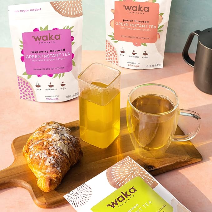 Waka Instant Tea Mix, 3 Bag Bundle - 100% Tea Leaves, No Additives, Unsweetened Tea Powders - Classic, Raspberry Flavored, Peach Flavored Green (4.5oz Each)