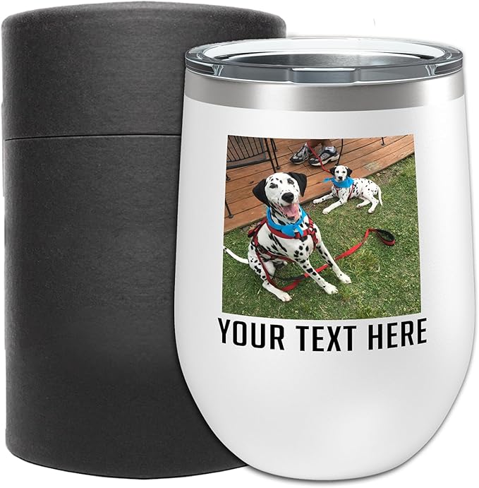 Personalized Mothers Day 12oz Photo Picture Printed Insulated Stainless Steel Powder Coated Stemless Wine Tumbler with Lid, Customized Mum Gift Idea for Her, Custom Mom Coach Gifts Team (White)
