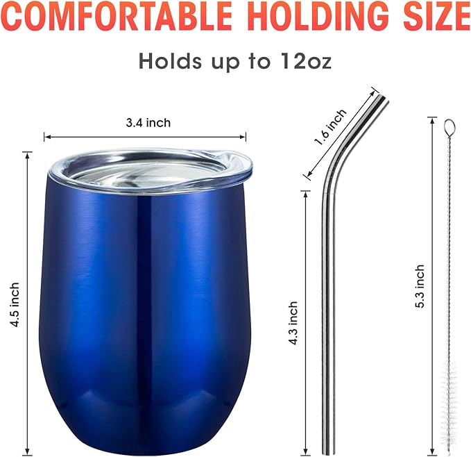COMOOO Stainless Steel Wine Tumbler with Lid and Straw, 12oz Double Wall Vacuum Insulated Wine Tumbler Cup, Stemless Wine Tumbler for Hot and Cold Drinks, Coffee, Wine, Cocktails, Royal blue, 12 Pack