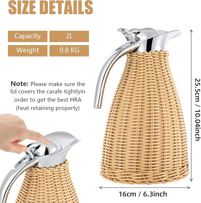 Stainless Steel Coffee Thermal Carafe, 50 Oz/1.5 L Woven Rattan Insulated Coffee Carafe Double Walled Vacuum Insualted 20 Hour Heat Cold Retention (Natural)