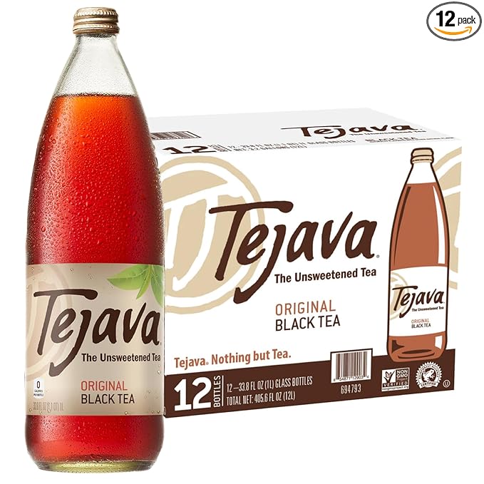 Tejava Original Unsweetened Black Iced Tea, 12 Pack, 1 Liter Glass Bottles, Non-GMO, Kosher, No Sugar or Sweeteners, No calories, No Preservatives, Brewed in Small Batches