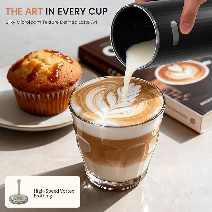 Kndko Electric Milk Frother, 6-in-1 Milk Frother and Steamer, Automatic Warm and Cold Foam Maker and Milk Warmer for Latte, Cappuccino, Macchiato, Perfect for Home and Office Use, Easy to Clean, Black