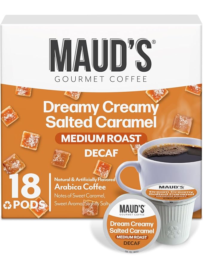 Maud's Decaf Salted Caramel Flavored Coffee Pods, 18 ct, Decaffeinated Medium Roast Flavored Coffee in Recyclable Single Serve Pods – 100% Arabica Beans, Compatible with Keurig K Cups Maker