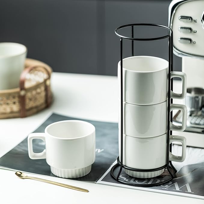 Coffee Mugs Set of 4, Stackable Coffee Cups with Holder Spoons 11oz Ceramic Espresso Cup for Cappuccino Latte Tea Drinks, Dishwasher & Microwave Safe, White