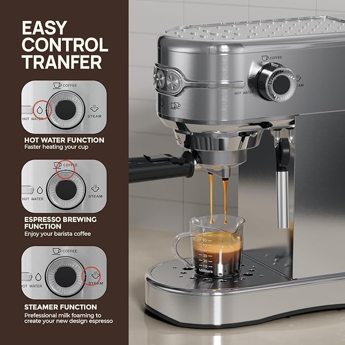 Espresso Machine 20 Bar, Compact Espresso Maker, Stainless Steel Expresso Coffee Machines with Steam Milk Frother & 34oz Removable Water Tank for Home, Cappuccino Machine, Great Gift