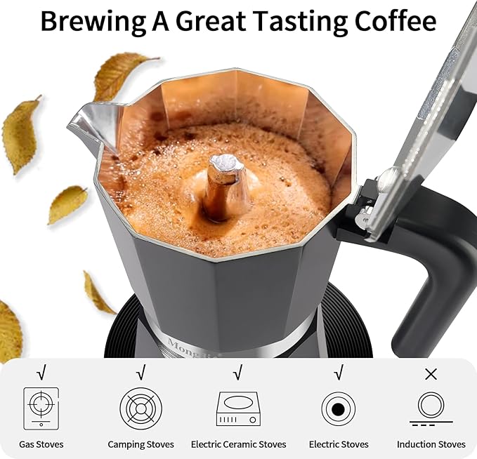 Mongdio Stovetop Espresso Maker Moka Pot, Stove Top Cuban Coffee Maker, Italian Greca Mocha Pot, 12 Espresso Cups, 20 oz - Black