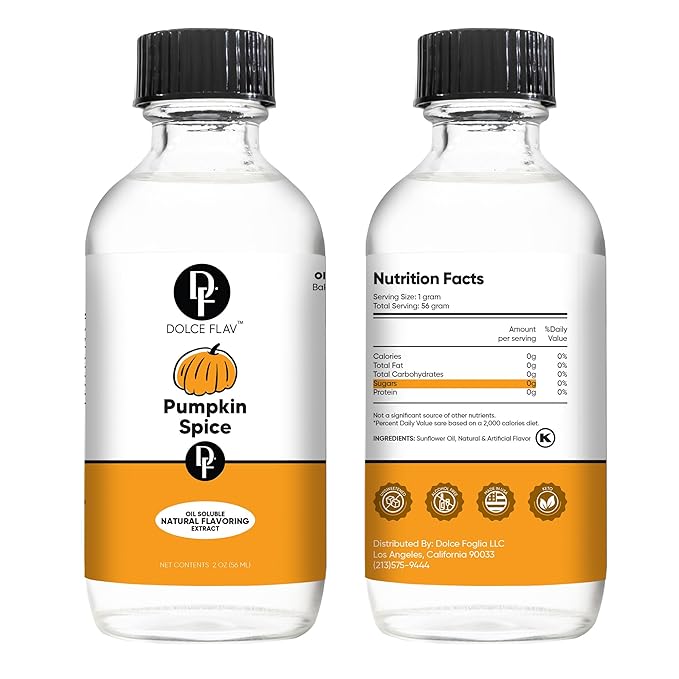 Dolce Flav Natural Pumpkin Spice Extract – 2 Ounce Oil-Soluble Kosher, Sugar-Free, Concentrated Warm Pumpkin Spice Flavoring for Baking, Smoothies & Desserts, Includes Measured Dropper