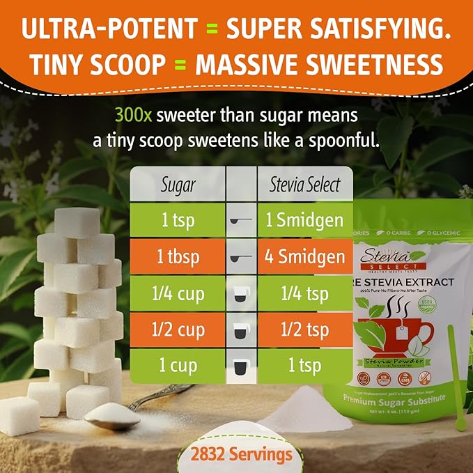 Stevia Select Organic Stevia Powder - Sugar Free Plant Based Stevia Sweetener Non GMO Pure Stevia Extract - Sugar Substitute No Additives Zero Calorie 4 Oz