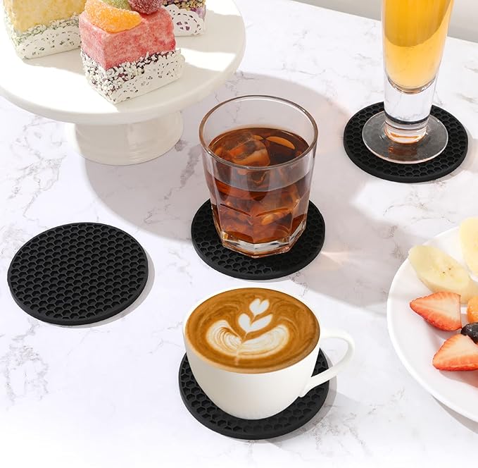 Silicone Coasters Set of 12 with Holder,Coasters for Drinks,Beer,Coffee Coasters,Suitable for Kinds Cups,Hot or Cold,Anti-SLI,Non-Stick,Anti-Overflow Tabletop Protection and Decor (12 Pcs, Black)