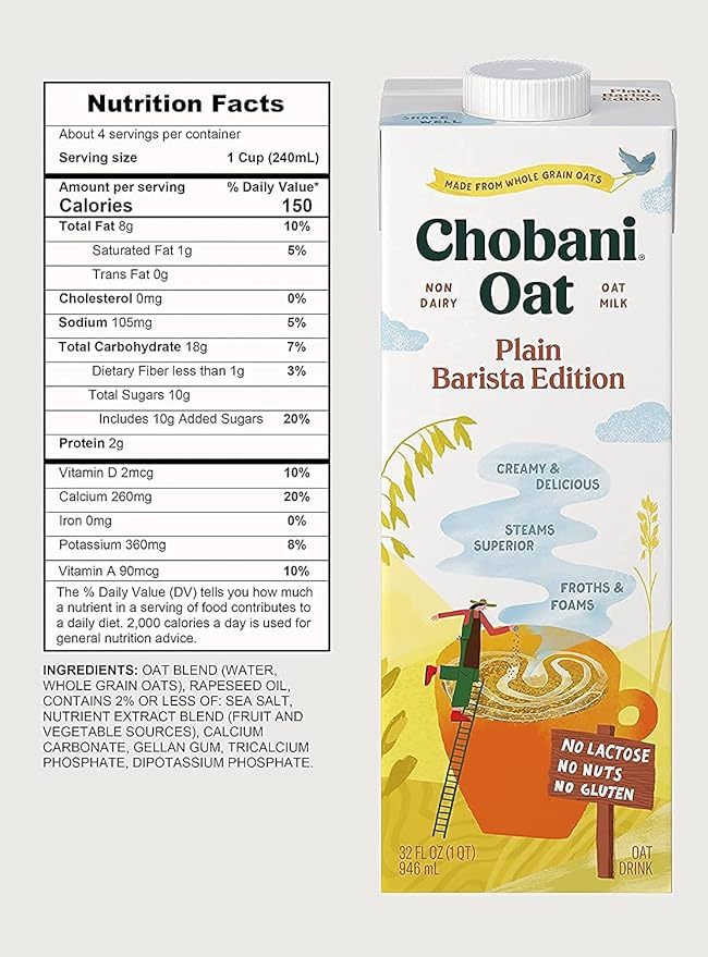 Chobani Oat Milk, Plain Oat Barista Edition, Shelf Stable Non Dairy Milk, Creamer, Vegan Friendly, Gluten-Free, 32 FL OZ (Pack-12)