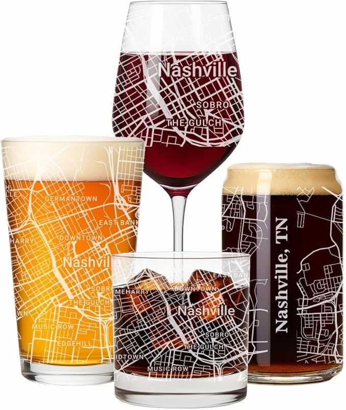 Blue Ridge Mountain Gifts - Nashville Souvenir - Tennessee Glassware Gift, Etched City Map, Laser Engraved and Dishwasher Safe