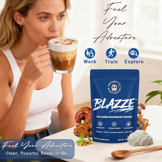 BLAZZE Mushroom Coffee,Adaptogenic 7 Mushrooms with Reishi,Lion's Mane & Chaga,Collagen Peptides, Ashwagandha,MCT,L-Theanine–Instant Coffee for Focus, Energy & & Immune Support–30 Servings