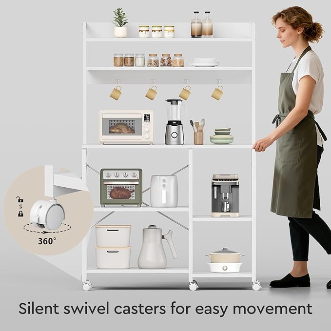 Kitchen Bakers Rack with Storage，Microwave Stand with Wheels，with Adjustable Shelves，Kitchen Shelves，Coffee Bar with 10 S-Shaped Hooks，35.4 * 15.8 * 61 Inches，White