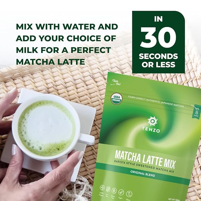 Tenzo Matcha Green Tea Powder, Organic Cafe Sweetened Matcha Latte Green Tea Powder, Ceremonial Barista Crafted Mix - Authentically Japanese - Matcha Latte Mix (5.29 Ounce)