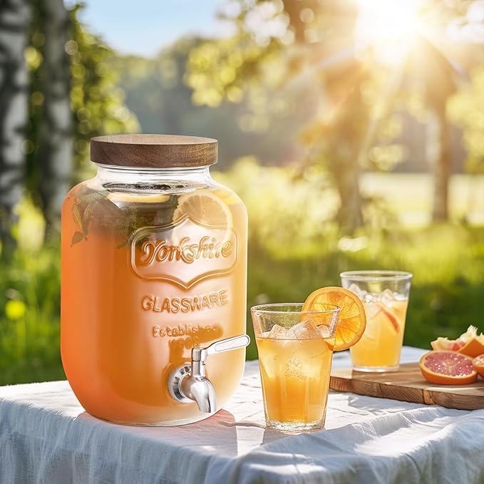 Mustry Glass Drink Dispenser for Parties, 1 Gallon Beverage Dispenser with Spigot Solid Stainless Steel, Used as Lemonade Dispenser Sun Tea Jar Kombucha Jar, Set of 2
