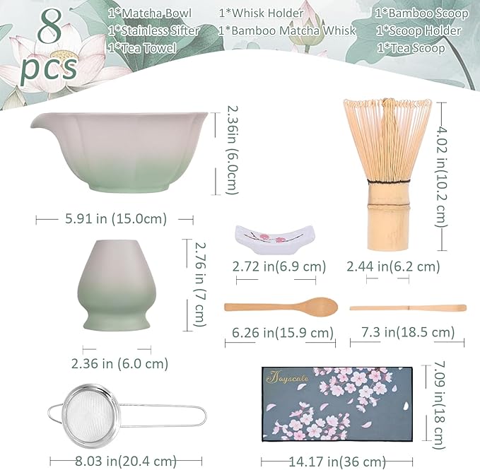 Joyscale Matcha Whisk Set, Matcha Set Whisk And Bowl, 8 Pcs Matcha Kit Set(Lotus Design), 11 OZ, Japanese Matcha Tea Set, Matcha Making Kit Gifts for Tea Lovers(Pale Green)