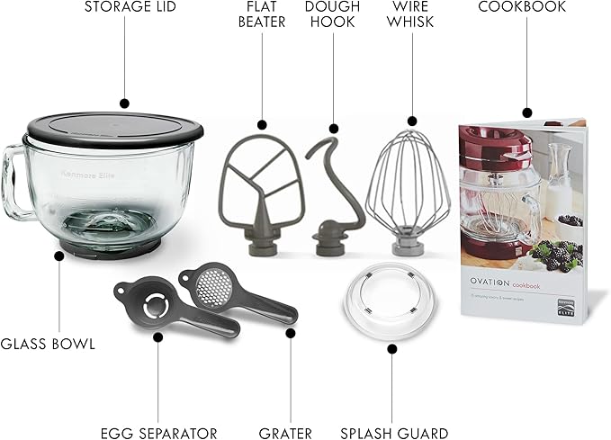 Kenmore 500W Oviation Stand Mixer - 10 Speed Mixing, Tilt-Head, 5QT Handheld Glass Bowl With Pouring Top Splash Guard, Flat Beater, Whisk, Dough Hook Attachments Countertop Kitchen Appliance, Red