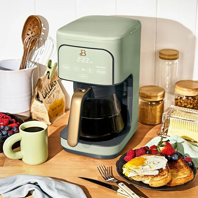 Beautiful 12 Cup Programmable Coffee Maker, Drip Coffee Machine with Glass Carafe, Automatic Brew Strength Control, Espresso Maker Function, Compact Espresso Machine (Sage Green)