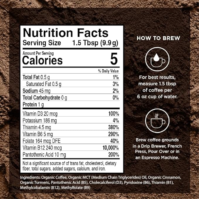 VitaCup Organic Genius Ground Keto Coffee, Increase Energy & Focus w/MCT Oil, Turmeric, B Vitamins, D3, USDA Organic Ground Coffee Medium Dark Roast, Bold & Smooth, 100% Arabica Coffee Grounds, 10 oz