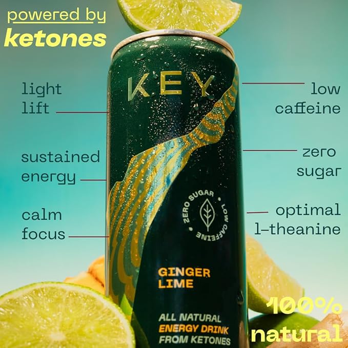 KEY Ketone Drink - Ketones for Energy & Focus, Sugar Free & Low Caffeine from Green Tea with L-Theanine, No Crash or Jitters, All Natural, Lightly Carbonated, Ginger Lime (Pack of 12)