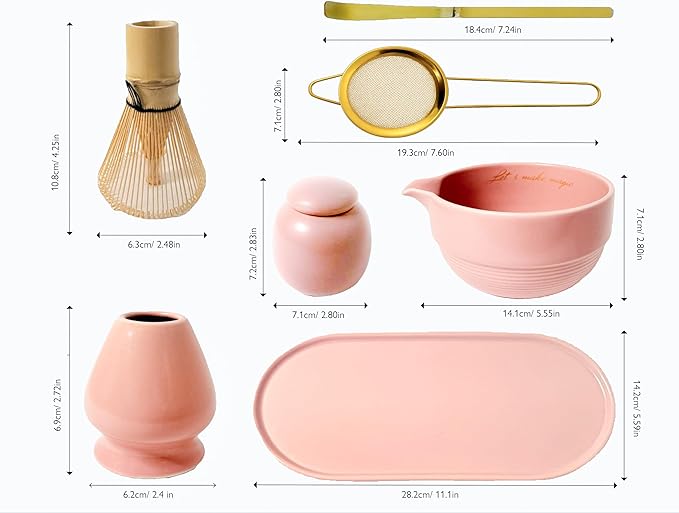 Matcha Whisk Set, Premium 7 Pcs Ceramic Set Includes Bowl, Whisk and Holder, Bamboo Scoop, Canister, Sifter, and Tray