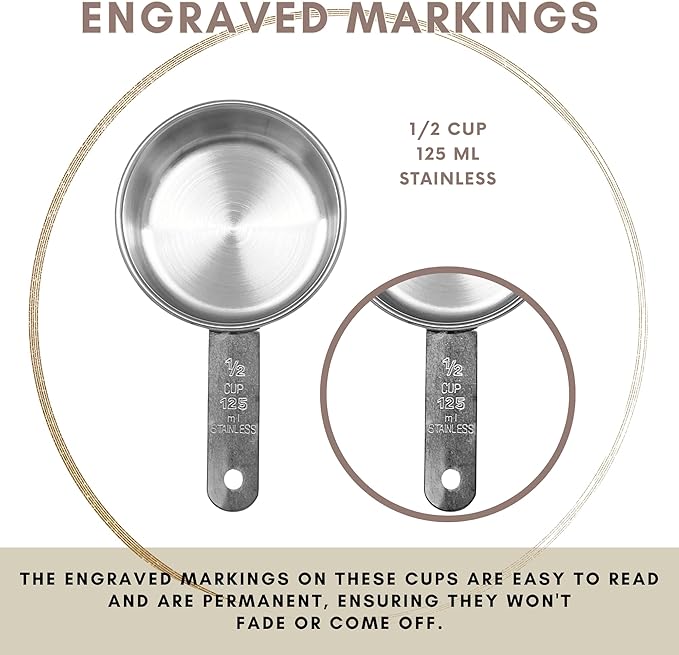 1/2 Cup Stainless Steel Measuring Cup | Sturdy Metal 125 ml | 125 cc | 4 oz | Single Cup for Wet and Dry Ingredients | Great for use as 1/2 Cup Dog Food Scoop - 1 PK
