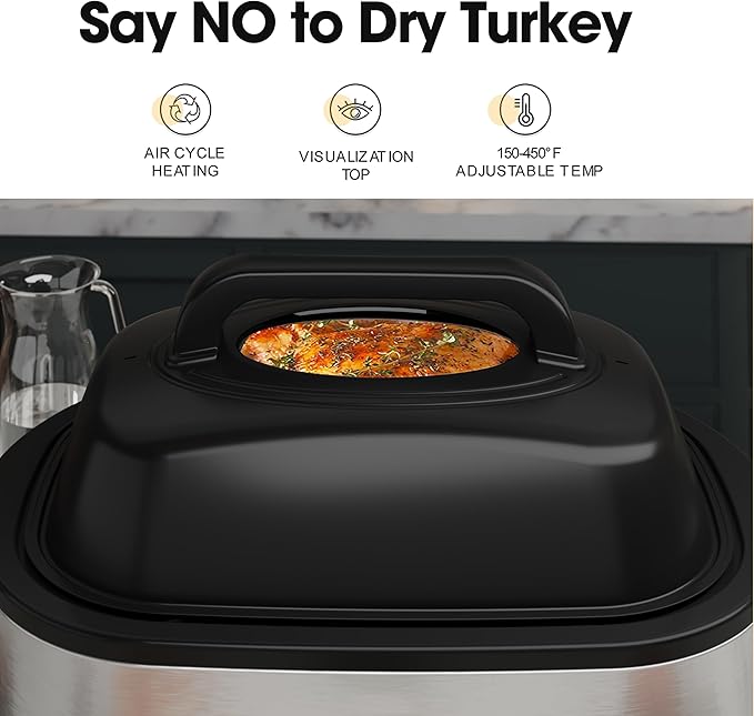 Roaster Oven 26Qt, Multifunctional Electric Roaster Oven for Turkey Meats Bread Soup Sauce, Fast-Cooking Turkey Roaster with Self-Basting Lid, Removable Pan and Rack, Stainless Steel