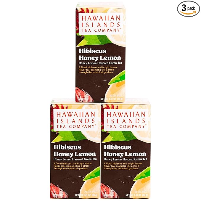 Hawaiian Islands Tea Company Hibiscus Honey Lemon Tropical Green Tea, All Natural - 60 Teabags (3 Boxes)
